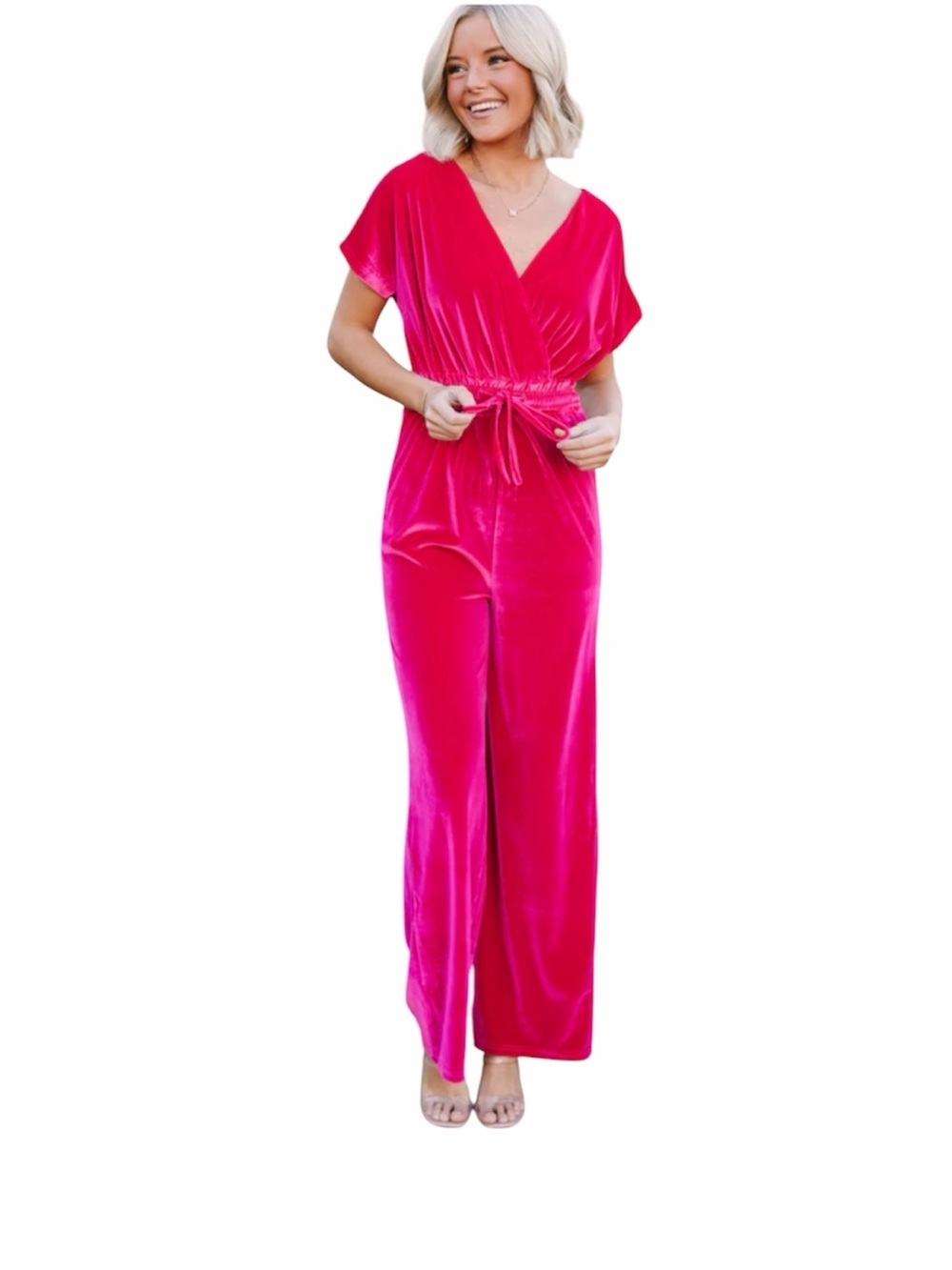 SHOP THE MINT, FUCHSIA PINK VELVET JUMPSUIT. SIZE M